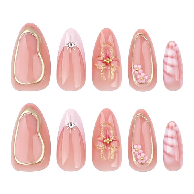 24Pcs Spring Flower Press on Nails Short Almond Fake Nails with 3D Floral Star Pearls Charms Glue on Nails Gold Chrome False Nails Pink French Tip Acrylic Press ons Stick on Nails for Women Girls