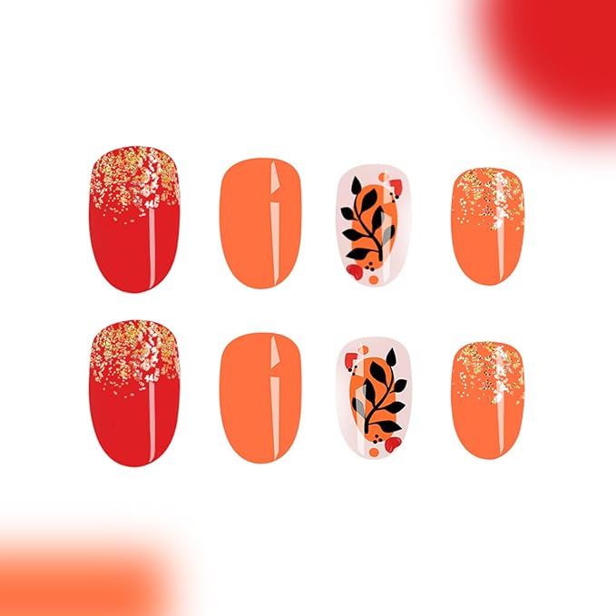 Fall Press on Nails Short Oval Fake Nails Gold Glitter False Nail with Black Leaf Designs Orange Red Glossy Glue on Nails Cute Acrylic Nail Press ons Reusable Manicure Kit for Women 24Pcs