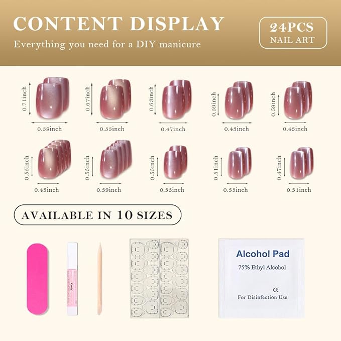 Cat Eye Pink Press On Nails Short Medium Square, Designer Reusable Acrylic Fake Nails with Glue, Glossy Soft Gel Nails Wedding and Party, Stick On Glue On Nails, Nails Press Ons for Women