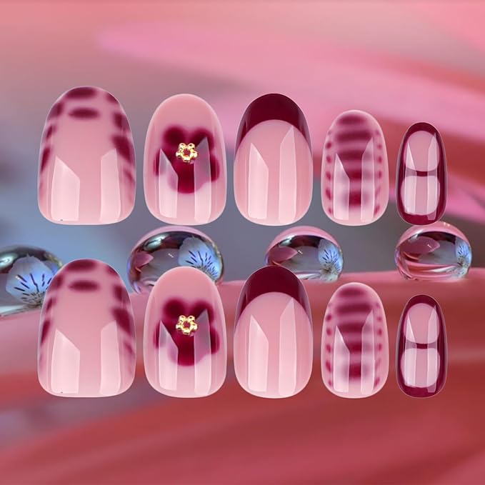 Peach Blossom Acrylic Full Cover Fake Nails Flower Press on Nails 24Pcs Tortoise Pattern Gel Glue on Fingernails Glossy Red French Short Almond False Nail Pearl Stick on Nail for Holiday Manicure Art