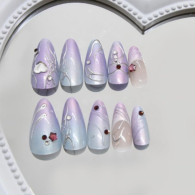 24Pcs Purple French Tip Press on Nails Medium Almond Fake Nails with Black 3D Star Colorful Ripple Design Handmade False Nails Full Cover Artificial Glue on Nails Cute Stick on Nails for Women DIY
