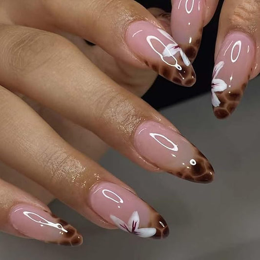 Hkanlre Leopard Print Medium Press on Nails Nude Fake French Nails Tips Full Cover Almond False Nails for Women 24PCS