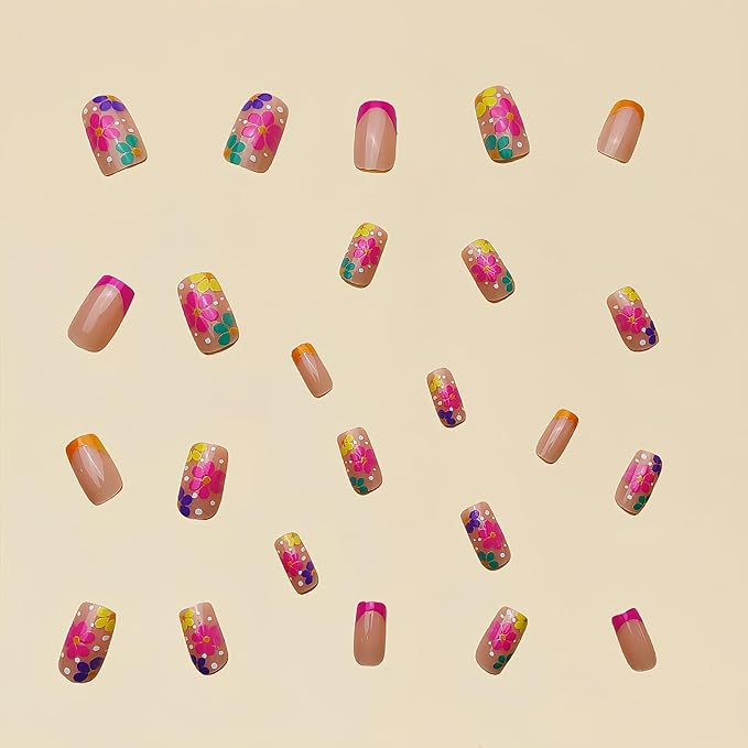 French Tip Press on Nails Short Square Fake Nails Flower Bow False Nails Pink Glossy Full Cover Acrylic Nails Spring Glue on Nail Artificial Cute Stick on Nail for Women Manicure 24Pcs