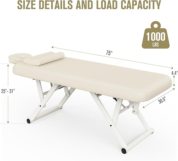 pouseayar Adjustable Massage Table with Face Pillow & Headrest, Sturdy and Solid, Silent and Easy to Adjust for Treatment Table Physical Therapy Table Spa Facial Bed - Fixed Backrest, Beige Gray