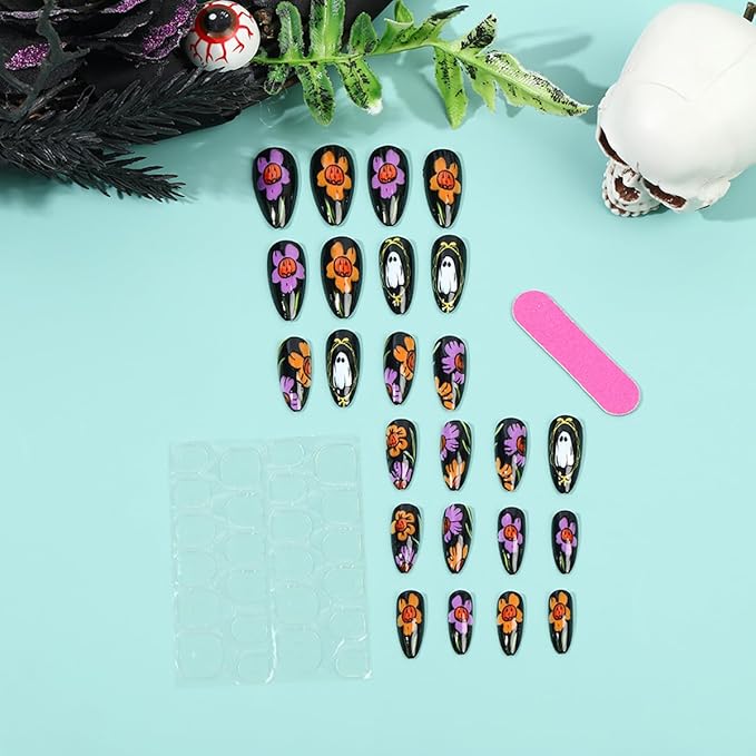 24Pcs Halloween Press on Nails Medium Almond Fake Nails Spooky Graffiti Skull Flower Ghost Design Full Cover Glitter Stick on Nails Dark Black False Nails for Women Acrylic Holiday Nail Decorations