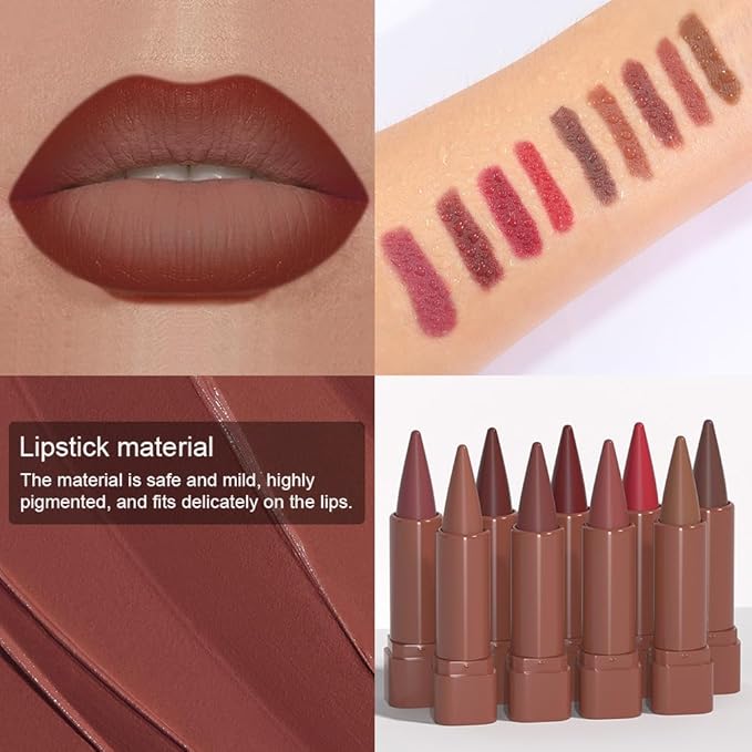 evpct Reddish Brown Gradient Matte Lipstick Lip Liner Crayon Combo Pencil Set for Women Long Lasting Waterproof, Brown Red Matte Cream Lip Liner and Lipstick Combo Makeup Flawless Gradual Ombre Effect