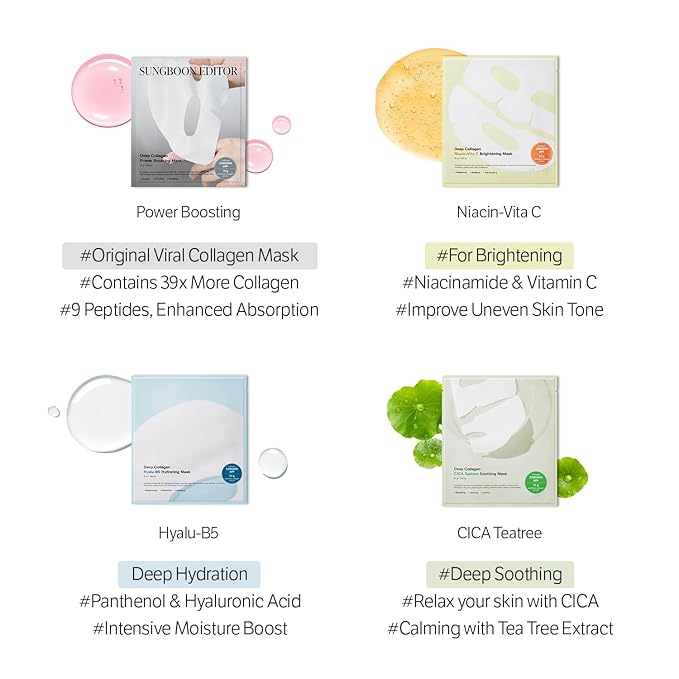 SUNGBOON EDITOR Deep Collagen CICA Tea Tree Overnight Mask | Acne Mask for Redness & Soothing | 2,160,000PPB Collagen + Tea Tree + Centella | Stocking Stuffers for Women | Korean Skincare, 4ea