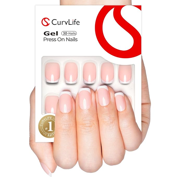 Curvlife Soft Gel Short Press on Nails - French Square Press on Nails Design Full Cover False Nails for Women Reusable Nail Kit