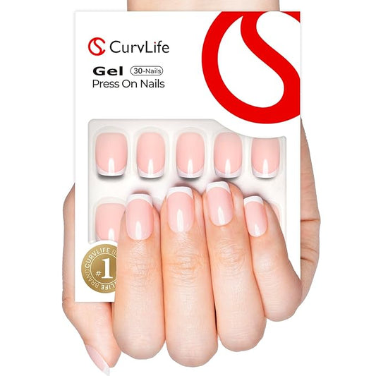Curvlife Soft Gel Short Press on Nails - French Square Press on Nails Design Full Cover False Nails for Women Reusable Nail Kit
