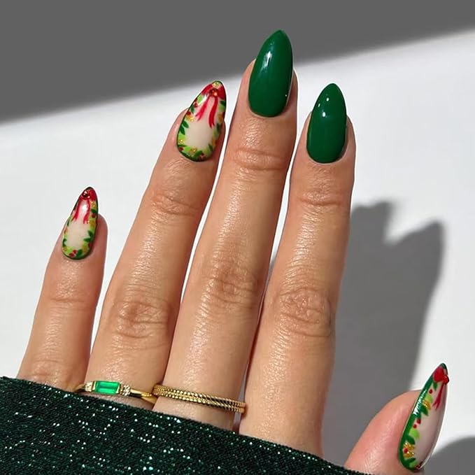 24Pcs Christmas Press on Nails Short Almond Fake Nails Green Acrylic Nail with Xmas Holly Bow Designs Artificial False Nails with Gold Foil Rhinestones Full Cover Christmas Glue on Nails for Women