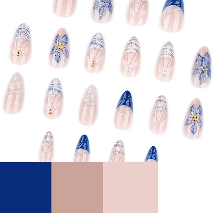 Short Press On Nails Almond, 24PCS Blue and White Floral Acrylic Fake Nails with Glue Kit, Glossy Plaid and 3D Flower Stick On Nails for Women, Reusable False Nails for Party, Wedding, Daily Wear