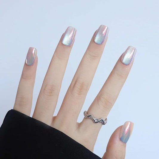 Chrome Press on Nails Short Square Fake Nails Metal Mirror Designs Glossy Acrylic Nails Blue Squoval Press ons Ombre Glue on Nails Stick on Nails for Women Girls Manicure 24 Pcs, Style 28