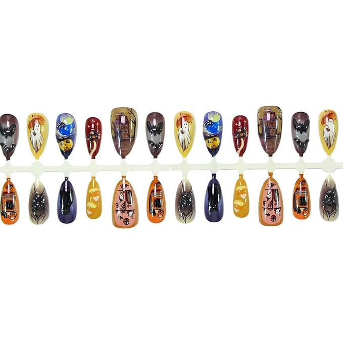 30Pcs Halloween Colorful Press on Nails Medium Almond Fake Nails with Cute Ghost Pumpkin 3D Bat Design Spider False Nails Full Cover Artificial Glue on Nails Gothic Rhinestones Stick on Nail for Women