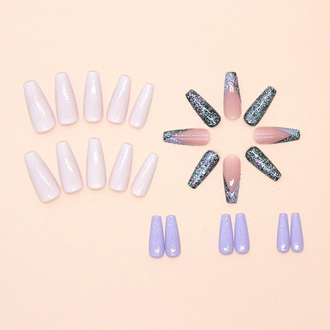 Coffin Press on Nails Long Fake Nails with Glitter Sequins Designs French Tip Glue on Nails White Dark Green Acrylic Nails Press ons Glossy False Nails Extre Long Coffin Nails for Girls Women 24Pcs