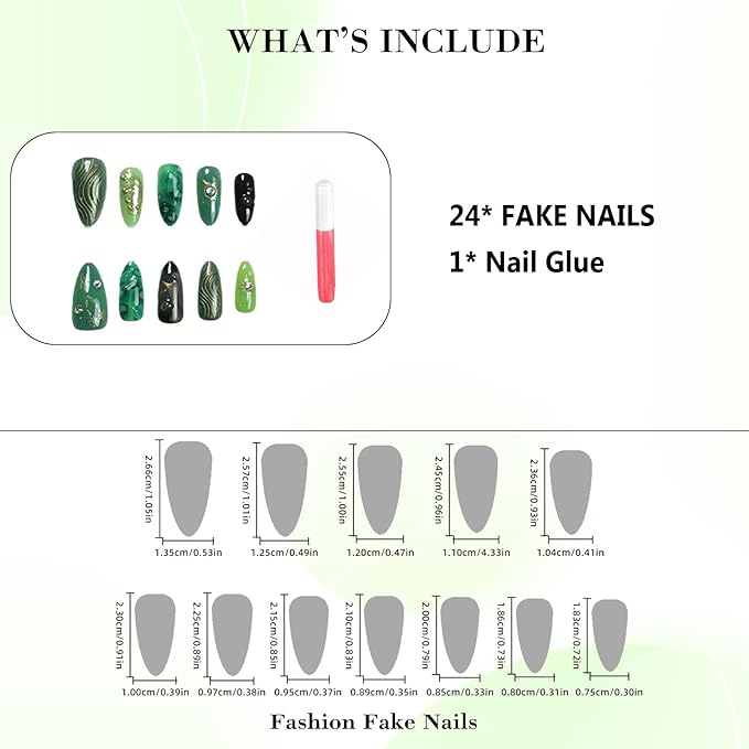IMRAIN Press on Nails Medium Almond Fake Nails Green Ombre False Nails with Golden Butterfly Designs Full Cover Glossy Stick on Nails for Women Acrylic Nail Decorations Glue on Nails