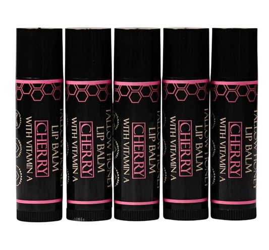 Organic Tallow Lip Balm (5 Pack) - Hydrating With Organic Italian Olive Oil, Pure Grass Fed Tallow, and Beeswax - Long Lasting Lip Therapy (5 Pack, Cherry)