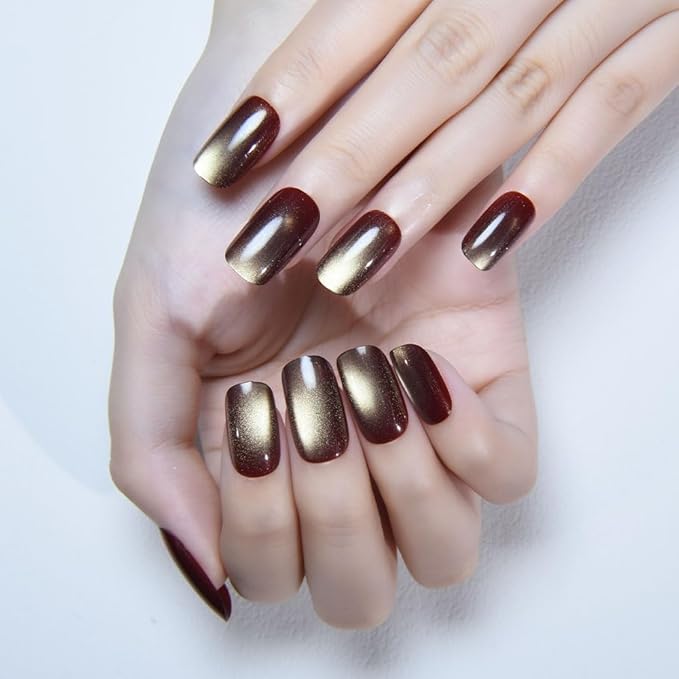 Khaki Reflective Cat Eye Press on Nails Medium Square, Medium Square Press Glue on Nails Chrome for Women, Khaki Holographic Glitter Glossy Reusable Gel Acrylic Fake Nail with Designs Cateye Effect