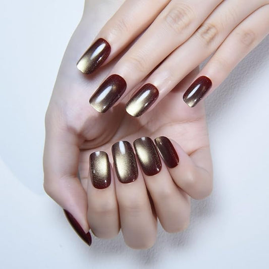 Cat Eye Brown Reflective Khaki Press On Nails Medium Long Length Square, Designer Reusable Acrylic Fake Nail, Glossy Gel Nails Wedding Party, Stick On Glue On Nail, Nails Press Ons for Women