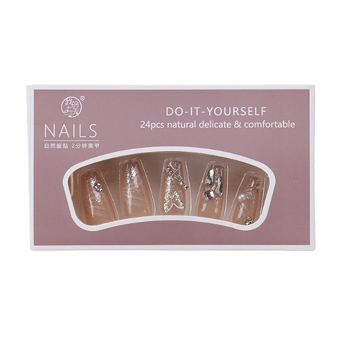 Hkanlre Bling Butterfly Press on Nails Long Silver Fake Nails Tips Full Cover False Coffin Nails for Women and Girls 24PCS