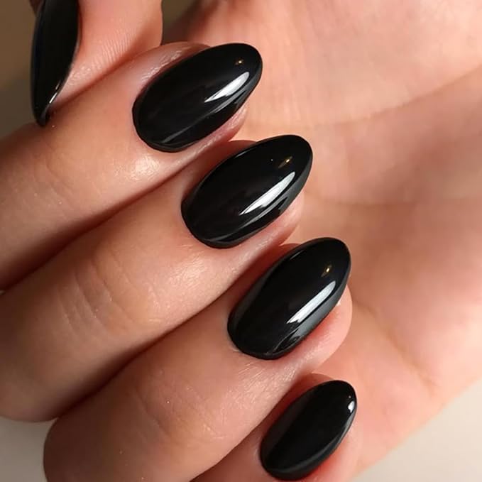 modelones Black Short Press on Nails, Oval Fake Nails Kit Press Ons with Nail Glue, Adhesive Tabs, Nail File, Prep Pad, Manicure Stick, 32Pcs 16 Sizes, Christmas