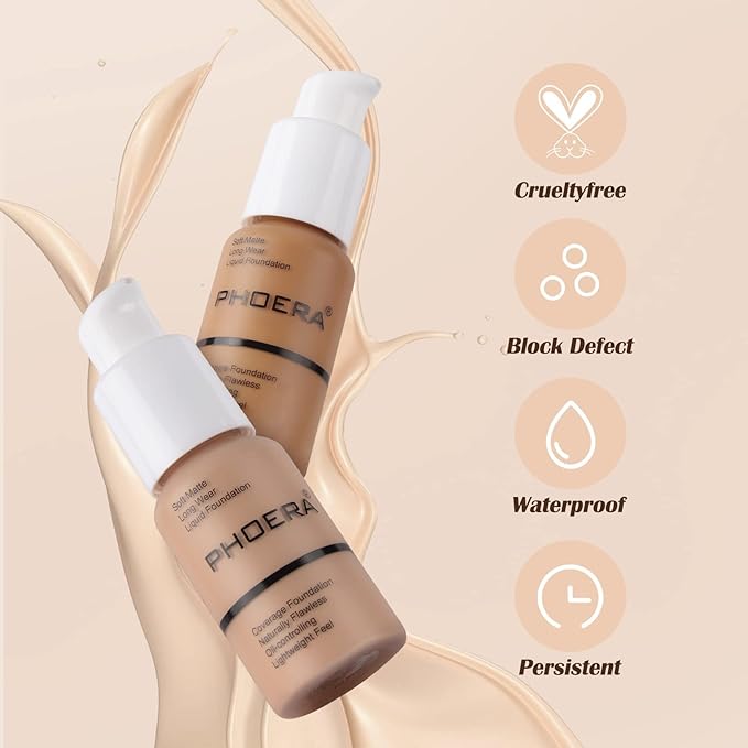 PHOERA Foundation Makeup Naturally Liquid Foundation Full Coverage Mattle Oil-Control Concealer 8 Colors Optional,Great Choice For Gift (2pcs,#101 Porcelain))