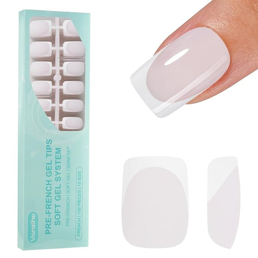 150Pcs French Gel Nails, Vansiho White French Tip Press on Nails, Milky White Short Square Soft Gel Nail Tips, Acrylic Fake Nails for Nail Art DIY 15 Sizes