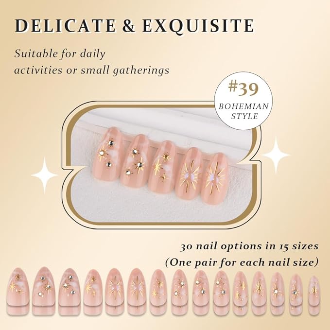 3D Boho Stars Gold Press On Nails Almond Medium 30Pcs, Heart Charms Design Reusable Acrylic Nails Press Ons, Fake Nails With Cute Celestial Glue On Nail, Daily Wear False Nail For Women