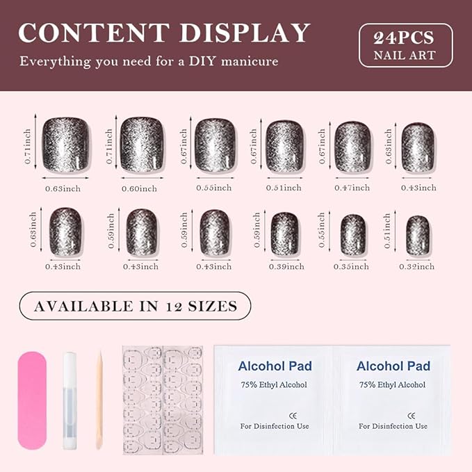 evpct Glitter Pearl Silver Cat Eye Press on Nails Square, Short Square Stick Glue on Nails for Women Gift, Glitter Metallic Shimmer Silver Reusable Gel Press on Acrylic Fake Nail with Designs