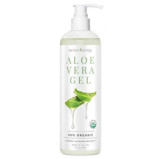 NaturSense Organic Aloe Vera Gel from 100% Pure Aloe–Great for Hair, Scalp, Face, Dry Skin, Acne, Sunburn, Sensitive Skin–Unscented, USDA Certified–12 oz.