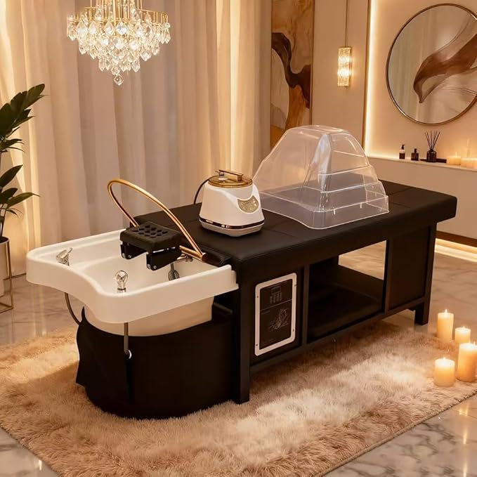 Head Spa Shampoo Bed, Massage Table, Head Spa Equipment with Supports Water Circulation, Fumigation & LED Scalp Care Acrylic Shampoo Bowl for Spa Beauty Salon Barber