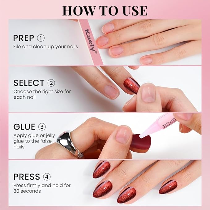 evpct Dark Red Press on Nails Almond Short, Dark Cherry Red Cat Eye Glitter Press on Nails for Women Gift, Soft Gel Press Glue On Nail with Nail Glue, Full Cover, 30Pcs Reusable Acrylic Fake Nails Kit