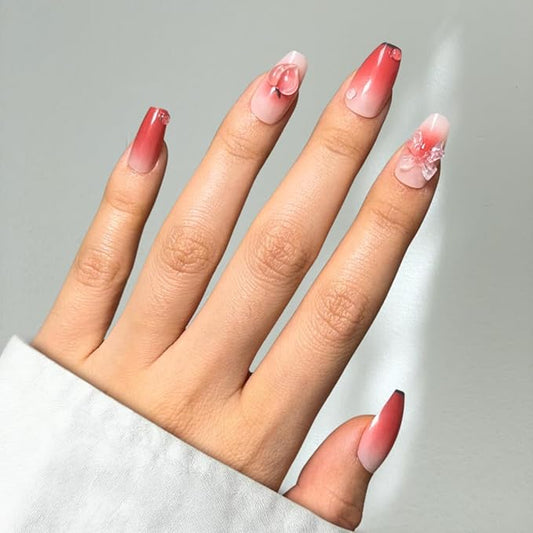 Perfect Look Press On Nails - Peach Bow | No Glue One-Day Short Coffin Nails, Red Ombre Nails with 3D Ribbon Charms - 24 Pcs Nail Kit with Adhesive Tabs