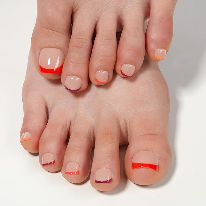 Vansiho Red French Tips Press on Toenails Short, Toenail Press on Square for Women, Soft Gel Fake Toenails, Acrylic Nails Soak off Toenail Home DIY 15 Sizes