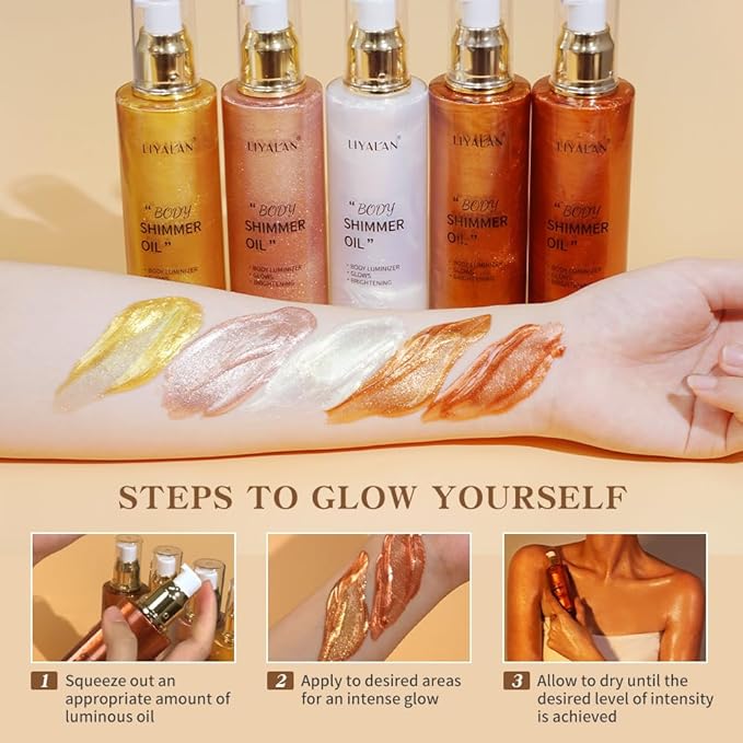 Liyalan Shimmer Body Oil Golden Brown 5 Color Bronze Face Glow Pearl Highlighter Illuminator Body Makeup Shine Glitter Gold Liquid Taning 3.38 Fl Oz