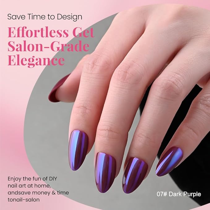 Chrome Red and Purple Press On Nails Short Almond 60 Pcs Kit, Designer Reusable Acrylic Fake Nails with Glue, Glossy Soft Gel Nails for Women Wedding Party Gift - Stick On Glue On Nails Kit