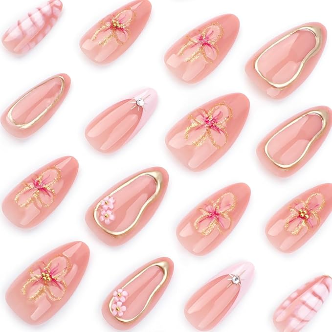 24Pcs Spring Flower Press on Nails Short Almond Fake Nails with 3D Floral Star Pearls Charms Glue on Nails Gold Chrome False Nails Pink French Tip Acrylic Press ons Stick on Nails for Women Girls