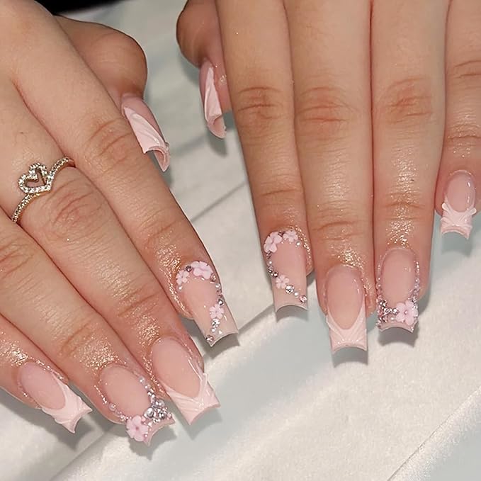 24Pcs French Tip Press on Nails Medium Square Fake Nails 3D Nail Tip Design Glue on Nails Flower Charms Rhinestone Full Cover Luxury Acrylic Nails Nude Pink Artificial False Nails Kits for Women