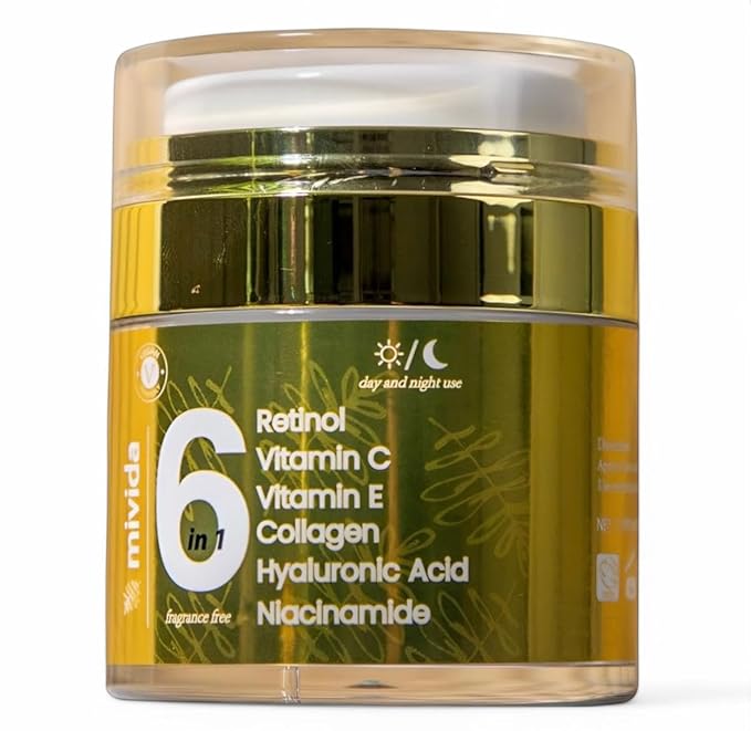 mivida Advanced Retinol Cream for Face & Neck | 6-in-1 Anti-Aging Moisturizer with Collagen, Hyaluronic, Vit C & E | Firms, Reduces Wrinkles, Fine Lines & Dark Spots | Daily Face Cream 1.7floz