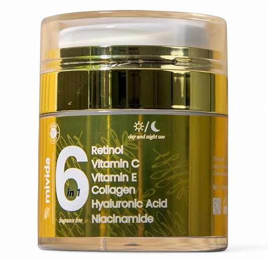mivida Advanced Retinol Cream for Face & Neck | 6-in-1 Anti-Aging Moisturizer with Collagen, Hyaluronic, Vit C & E | Firms, Reduces Wrinkles, Fine Lines & Dark Spots | Daily Face Cream 1.7floz
