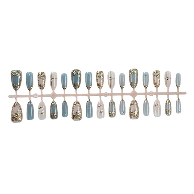 30Pcs Light Blue Press on Nails Medium Fake Nails Golden Leaf Almond Nails with Rhinestone Pearl Design Metallic Line French Manicure Tips Handmade Press on Cute Stick on Nails for Women