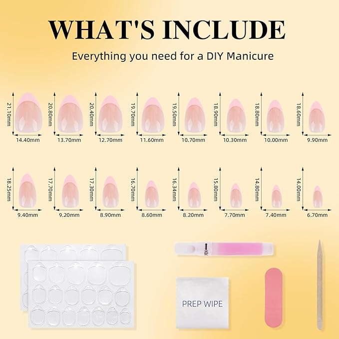 French Tip Press on Nails - Pink Short Almond Press on Nail, Glossy Fake Nails Reusable Nails Press ons for Women, 32 Pieces in 16 Sizes False Nails Kit with Glue, Petal Line