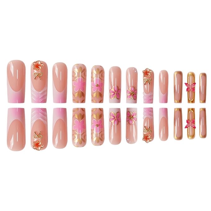 Square Press on Nails Long Fake Nails French Tip False Nails Pink Artificial Nails with Floral and Gold Charm Designs Cute Summer Nails Stick on Nails for Women 24pcs