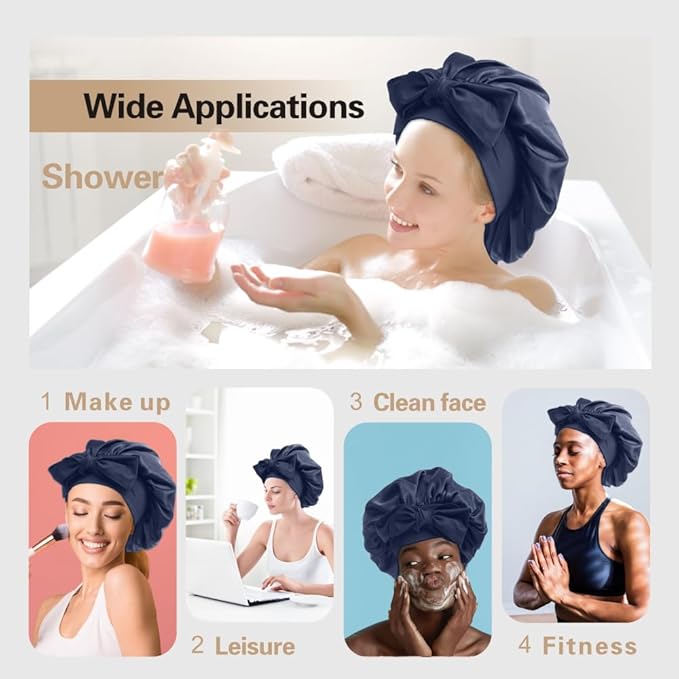 Silk Bonnet for Sleeping Women, Ajustable Hair Bonnet for Curly Hair with Tie Band Shower Caps Bark Blue，Large