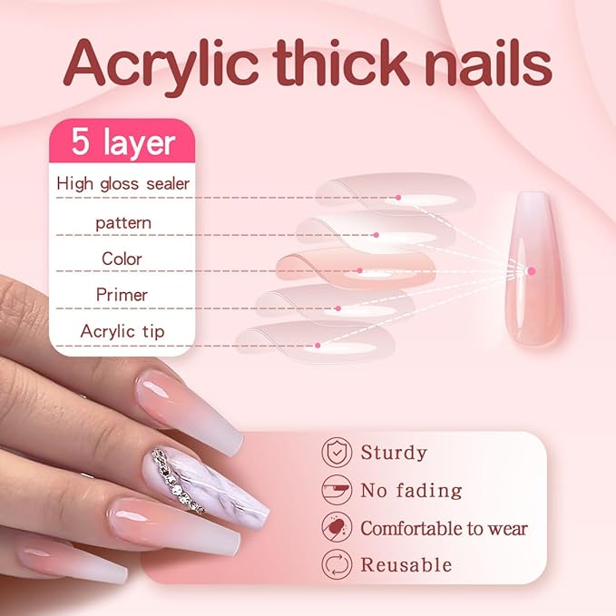 Yivaiks 24 pcs Pink Coffin Press On Nails - Long Glossy Rhinestone Fake Nails With Glue, Full Coverage Marble Acrylic Nails (Pink Ink Fantasy)