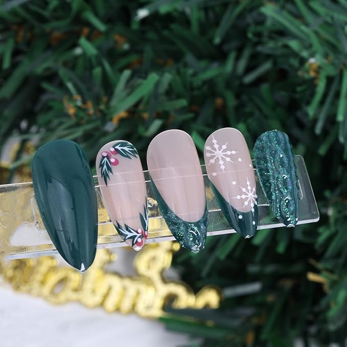 24Pcs Christmas Press on Nails Medium French Tip Fake Nails Winter Snowflake Acrylic Nail Xmas Holly Candy Design Cute Almond False Nail Green Full Cover 3D Christmas Glue on Nails Supplies for Women