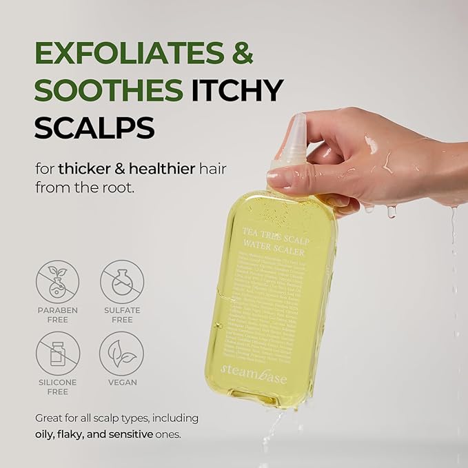 STEAMBASE Tea Tree Scalp Water Scaler | Scalp Exfoliator for Itchy Dry Flaky Scalp, Buildup Remover, Treatment for Excess Sebum Oily Greasy Hair | Korean Hair Care Products, Travel Size, 1.69 fl oz