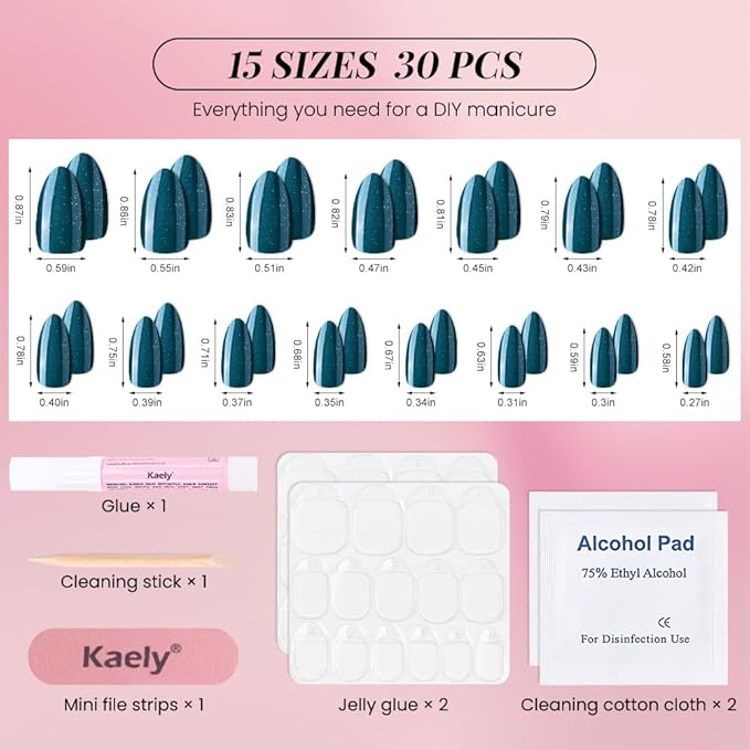 evpct Press on Nails Almond Short, Dark Cyan Green Glitter Shimmer Shiny Short Almond Fake Nails for Women Gift, Soft Gel Press Glue On Nails with Nail Glue, 30Pcs Reusable Acrylic Nail Manicure Kit