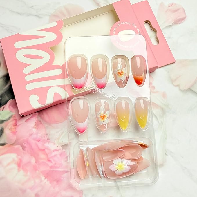 3D Flower Press on Nails Medium Almond Fake Nails Colorful French Tip Acrylic Nails Summer Glue on Nails Almond Shape False Nails Tip Full Cover Artificial Stick on Nails for Women DIY Manicure 24Pcs