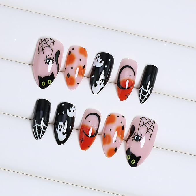 24Pcs Halloween Press on Nails Short Pointed Fake Nails with Cute Ghost Pumpkin Spider Web Design Cat Nail Tips False Nails Full Cover Artificial Glue on Nails Black Star Stick on Nail for Women DIY