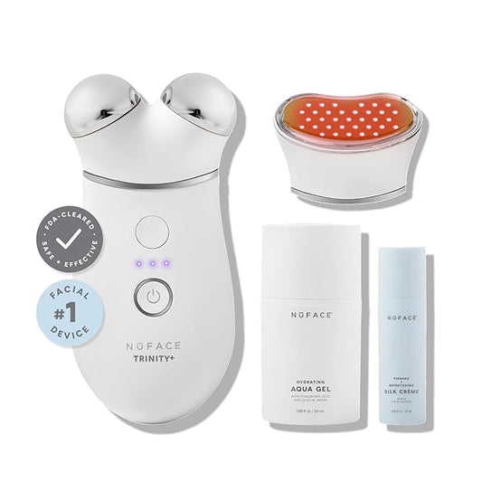 NuFACE TRINITY+ Microcurrent Facial Device + LED Red Light Wrinkle Reducer Attachment - FDA Cleared Skin Tightening Device + Microcurrent Gel Activator & Silk Creme